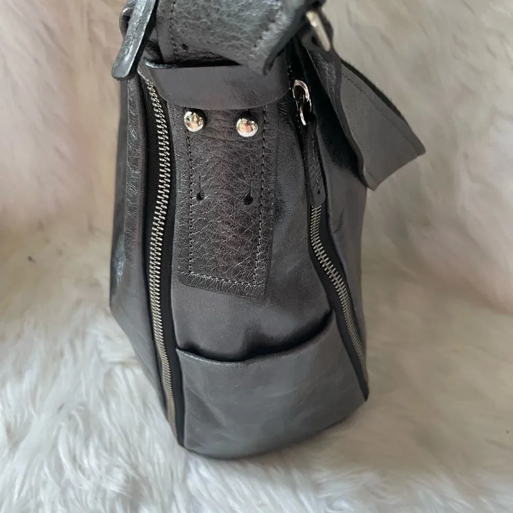 Arcadia gray Italian soft leather shoulder bag with extended silver tone…
